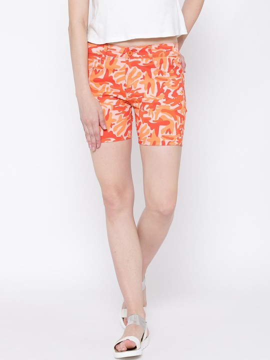 Women Orange Printed Slim Fit Regular Shorts 26