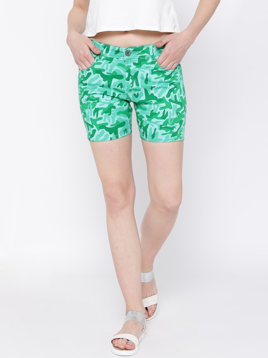 Women Green Printed Slim Fit Regular Shorts 26