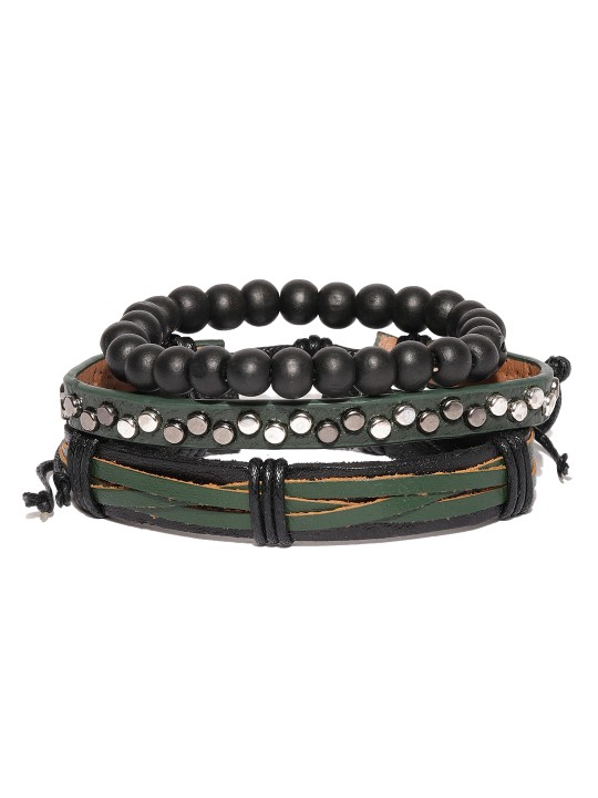 Men Set of 3 Black & Olive Green Bracelets