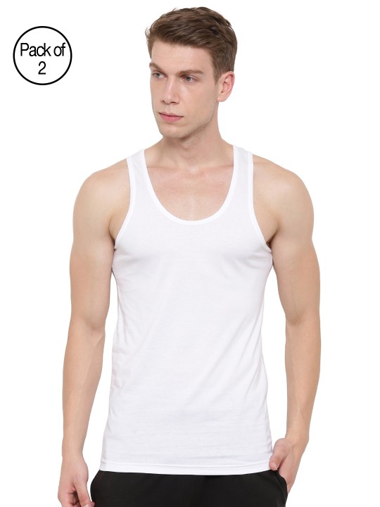 Men White Pack of 2 Solid Innerwear Vests CTNK01 S