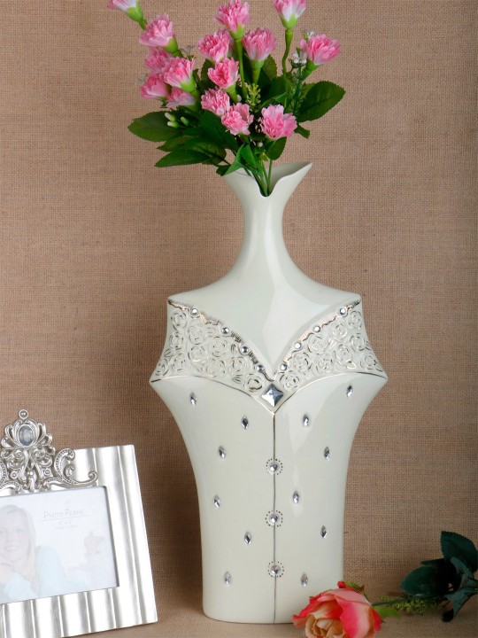 White Stone Embellished Ceramic Vase