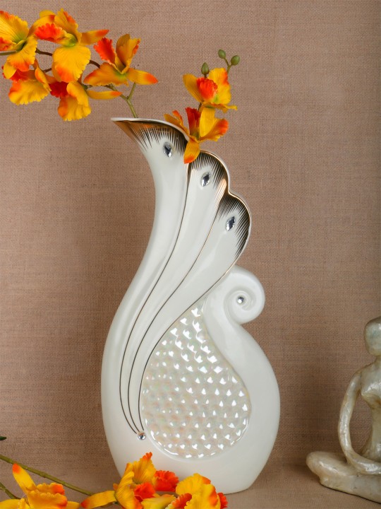 White Stone Embellished & Textured Ceramic Vase