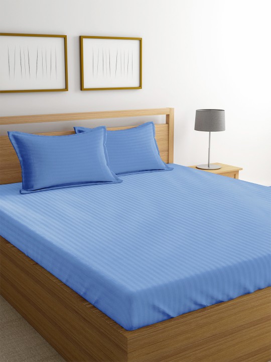 Blue Striped Flat 220 TC Cotton 1 Queen Bedsheet with 2 Pillow Covers