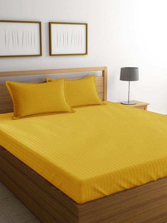 Mustard Striped Flat 220 TC Cotton 1 Queen Bedsheet with 2 Pillow Covers