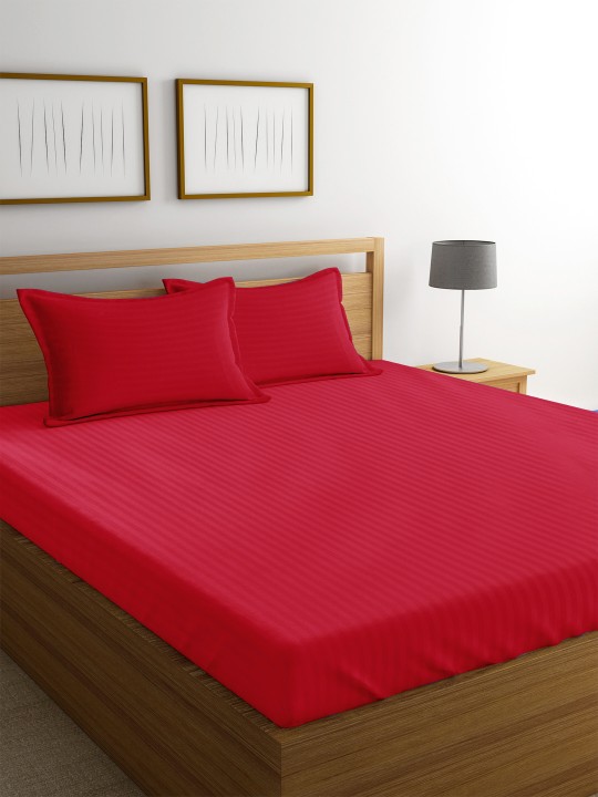 Red Striped Flat 220 TC Cotton 1 Queen Bedsheet with 2 Pillow Covers