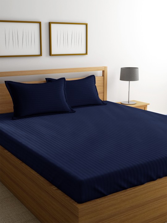 Navy Blue Striped Flat 220 TC Cotton 1 King Bedsheet with 2 Pillow Covers
