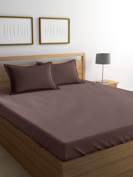 Brown Striped Flat 220 TC Cotton 1 King Bedsheet with 2 Pillow Covers