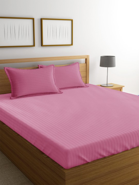 Pink Striped Flat 220 TC Cotton 1 King Bedsheet with 2 Pillow Covers