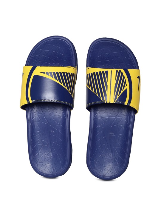 Buy Men Navy Blue Yellow Printed Sliders Online at desertcartINDIA