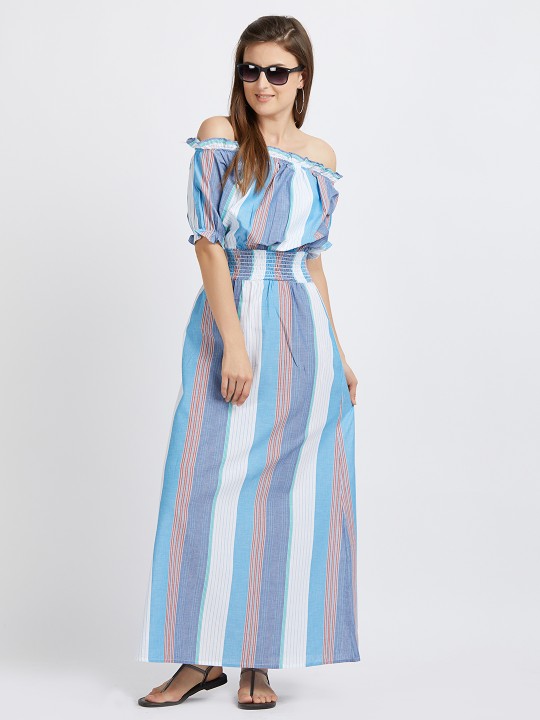 Women Off-White & Blue Striped Maxi Dress S