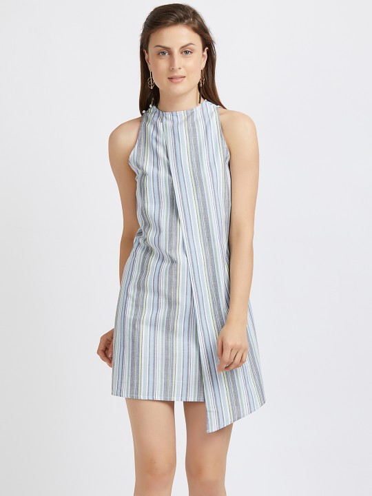 Women White & Grey Striped Sheath Dress S