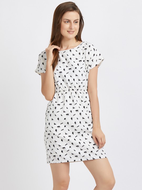 Women White Printed Fit and Flare Dress S
