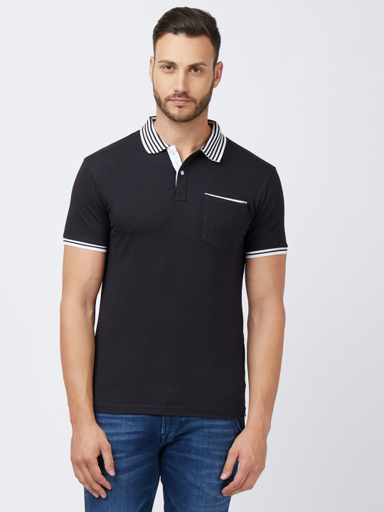 Men Black Solid Polo Collar T-shirt L