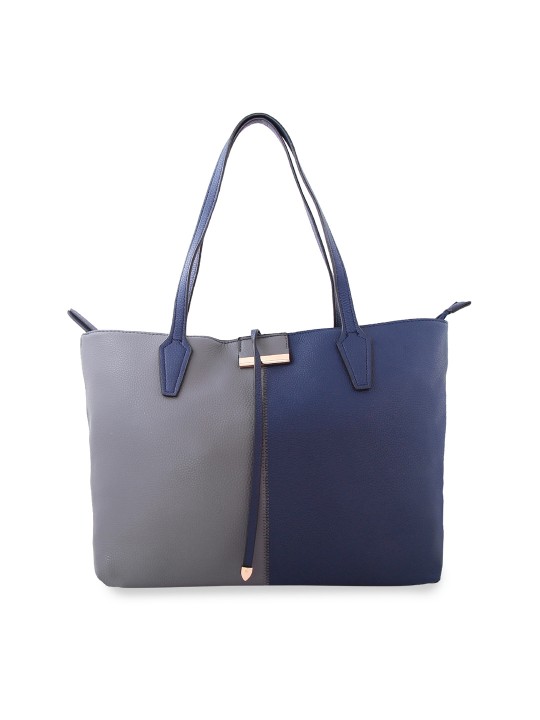 Navy Blue & Grey Colourblocked Handheld Bag