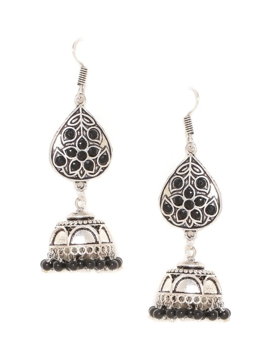 Silver-Toned & Black Classic Jhumkas
