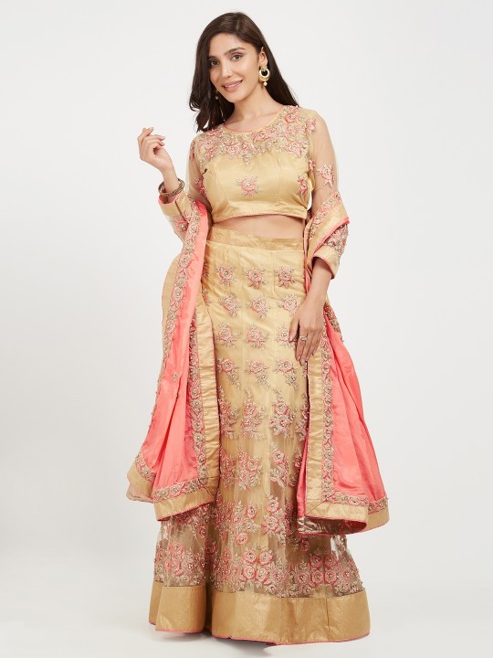 Beige Semi-Stitched Lehenga & Blouse with Dupatta