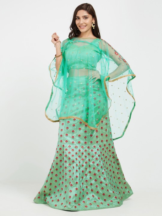 Sea Green Semi-Stitched Lehenga & Blouse with Dupatta
