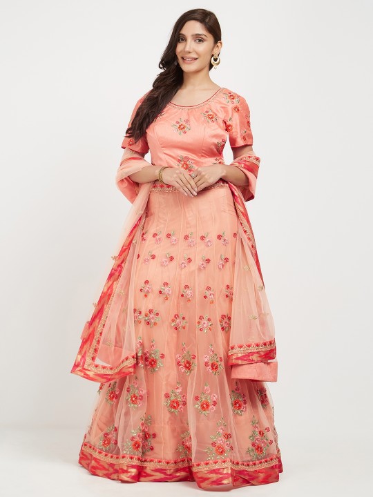 Peach-Coloured Semi-Stitched Lehenga & Blouse with Dupatta