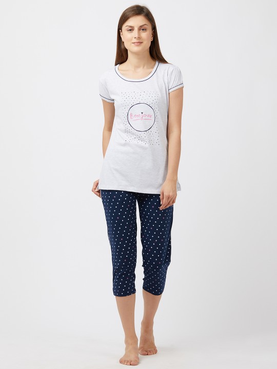 Women Grey & Navy Blue Printed Night suit S