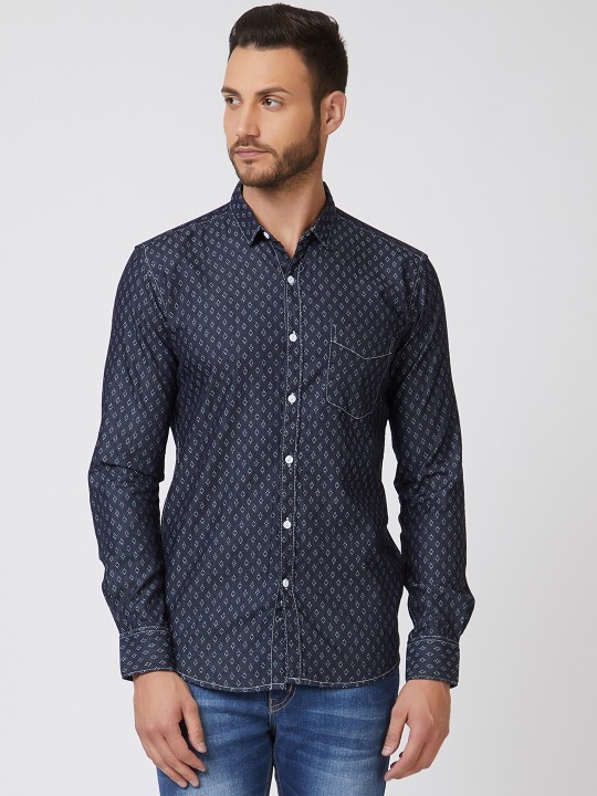 Men Blue Slim Fit Printed Casual Shirt 38