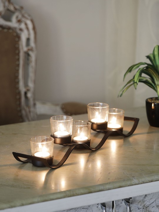 Samsaara Black Iron Wave Votive Candle Holder with Five Clear Glass Cups