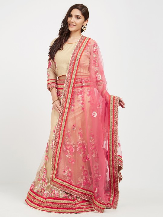 Beige & Pink Embroidered Unstitched Lehenga & Blouse with Dupatta