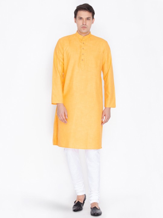 Men Orange & White Solid Kurta with Churidar S