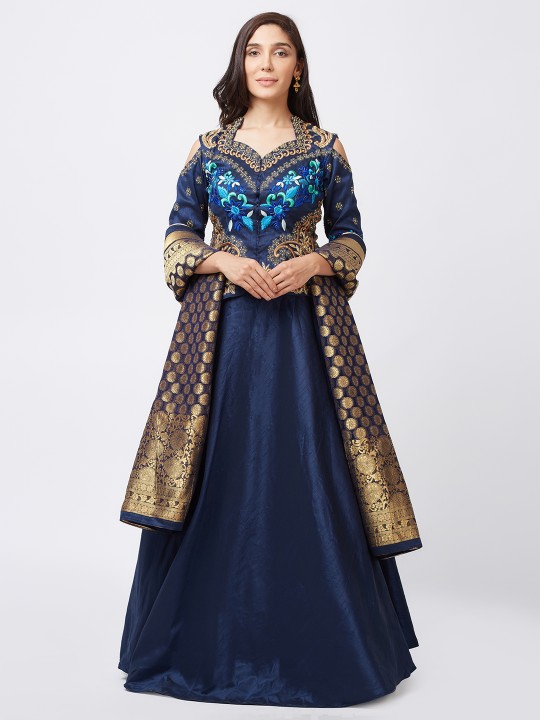 Navy Blue & Gold-Toned Embroidered Semi-Stitched Lehenga & Unstitched Blouse with Dupatta