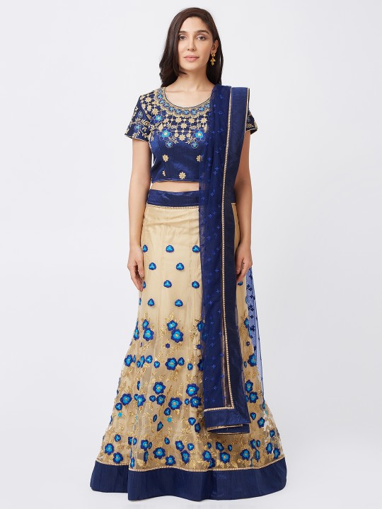 Beige & Navy Blue Embroidered Semi-Stitched Lehenga & Unstitched Blouse with Dupatta
