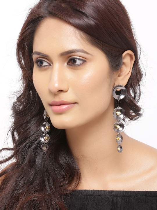 Gunmetal-Toned & Charcoal Geometric Drop Earrings