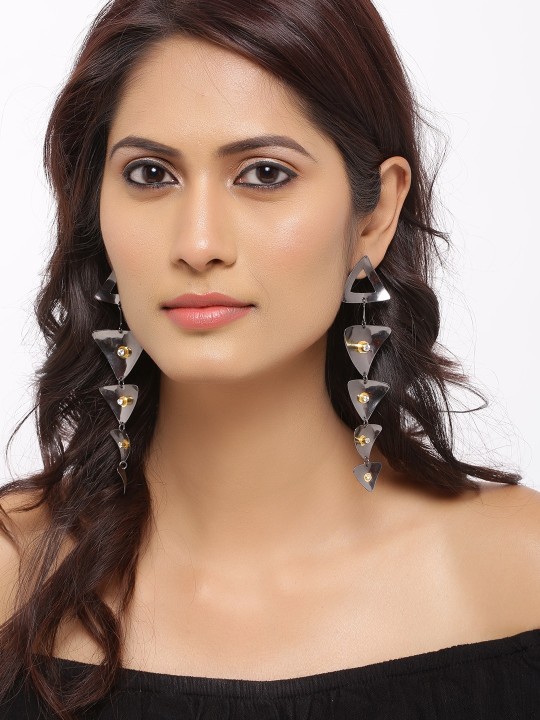 Black & Gold-Toned Geometric Drop Earrings