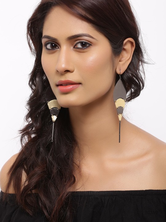 Gold-Toned & Charcoal Contemporary Drop Earrings