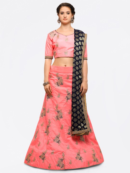 Pink & Navy Blue Embroidered Semi-Stitched Lehenga & Unstitched Blouse with Dupatta