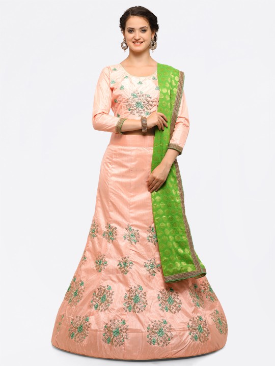 Peach-Coloured & Green Embroidered Semi-Stitched Lehenga & Unstitched Blouse with Dupatta