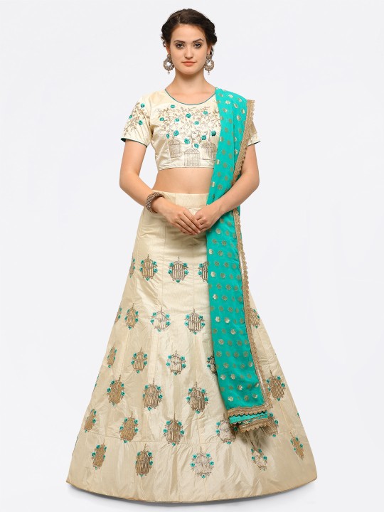 Cream-Coloured & Green Embroidered Semi-Stitched Lehenga & Unstitched Blouse with Dupatta