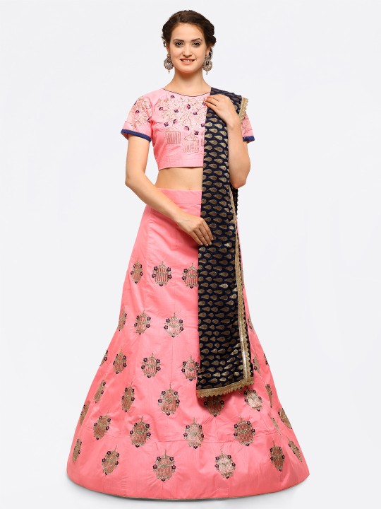 Pink & Navy Blue Embroidered Semi-Stitched Lehenga & Unstitched Blouse with Dupatta