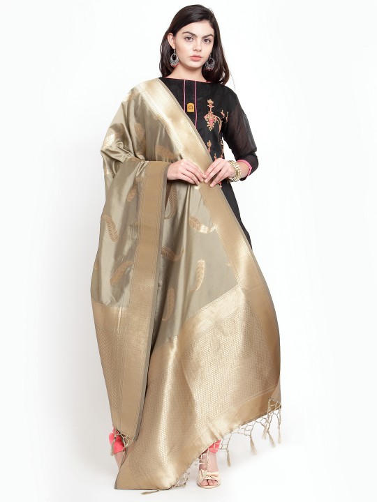 Taupe & Gold-Toned Woven Design Dupatta
