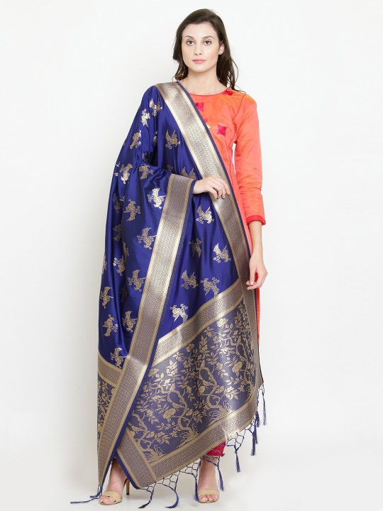 Blue & Gold-Toned Woven Design Dupatta