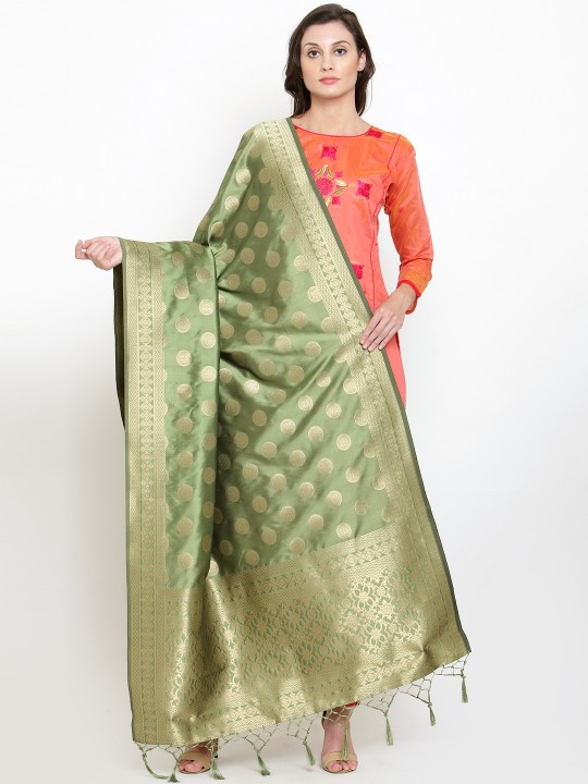 Green & Gold-Toned Woven Design Dupatta