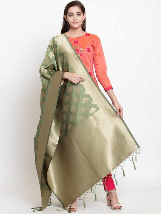 Green & Gold-Toned Woven Design Dupatta