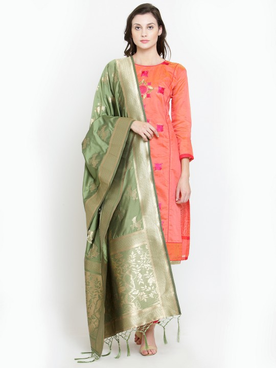 Olive Green & Gold-Toned Woven Design Dupatta