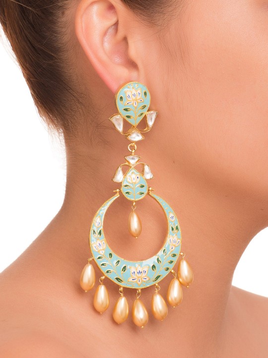 Sea Green & Cream-Coloured Crescent Shaped Chandbalis