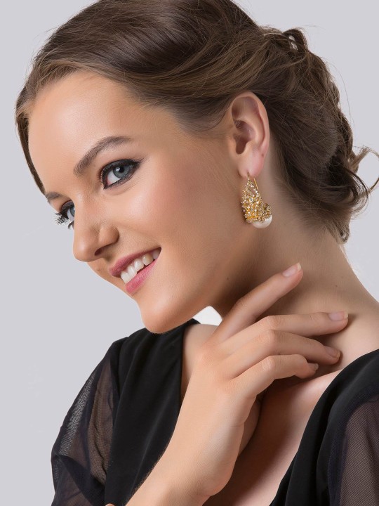 Gold-Toned & White Contemporary Drop Earrings