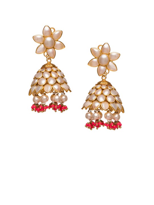 Cream-Coloured & Pink Dome Shaped Jhumkas