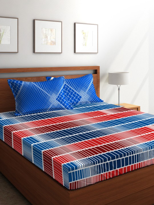 Blue & Red Geometric Flat 144 TC Cotton 1 King Bedsheet with 2 Pillow Covers