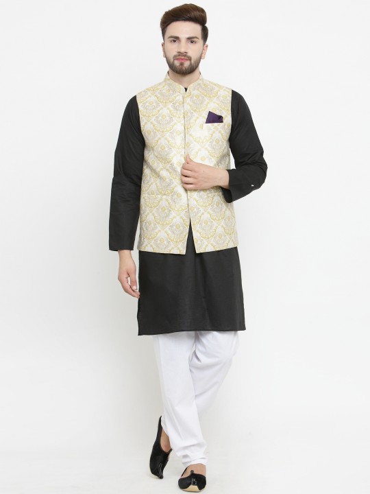Men Black & White Solid Kurta with Pyjamas & Nehru Jacket M