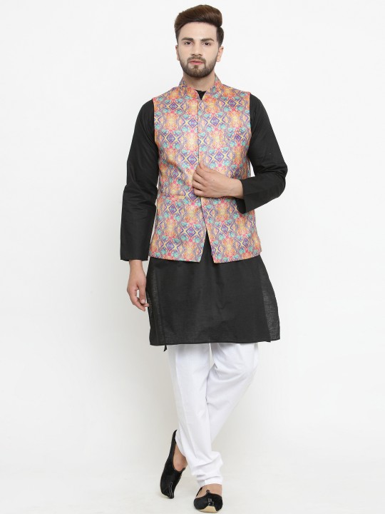 Men Black & White Solid Kurta with Pyjamas & Nehru Jacket M