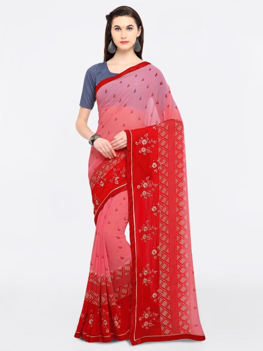 Pink & Red Pure Georgette Printed Saree