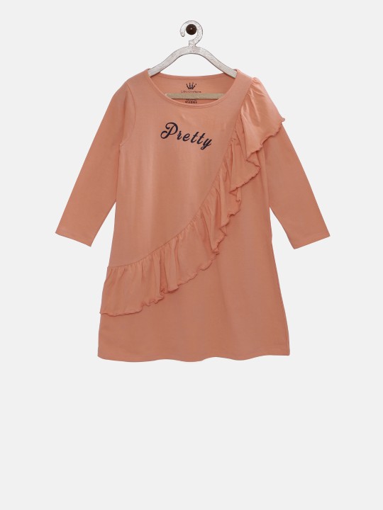 Girls Peach-Coloured Solid A-Line Dress 6-7Y