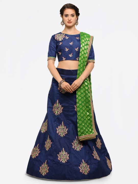 Navy Blue Semi-Stitched Lehenga & Blouse with Dupatta